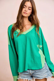 BIBI Textured Jersey Color Block Top With Cut Edge on Simply Obsessed