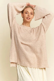 DAVI & DANI High-Low Round Neck Drop Shoulder Sweater on Simply Obsessed