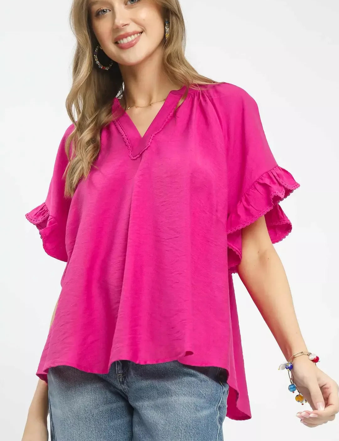 UMGEE Ruffle Sleeve V-Neck Flutter Blouse on Simply Obsessed