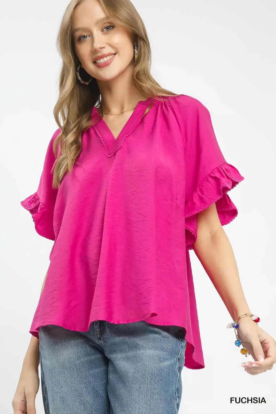 UMGEE Ruffle Sleeve V-Neck Flutter Blouse on Simply Obsessed