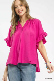 UMGEE Ruffle Sleeve V-Neck Flutter Blouse on Simply Obsessed