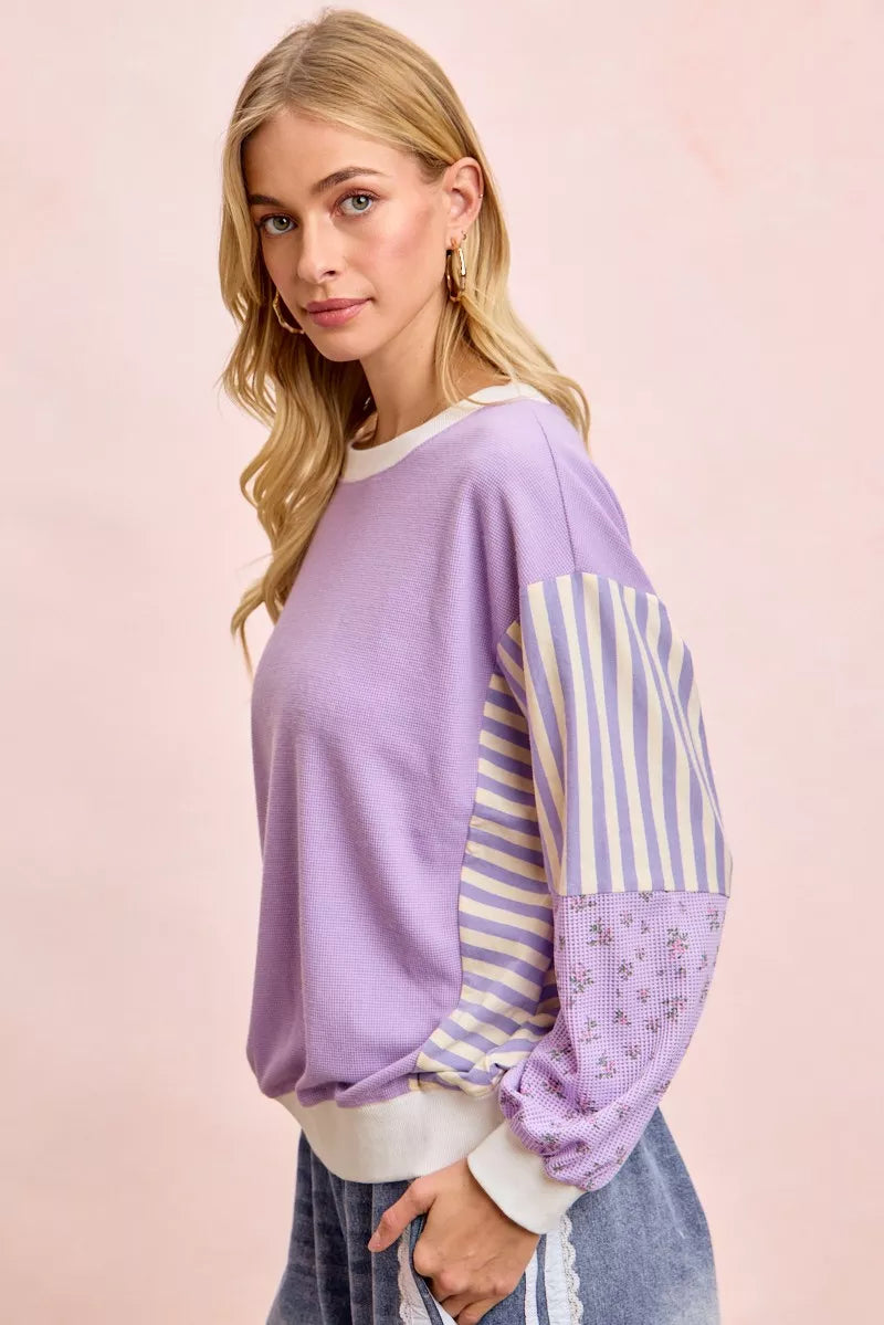 BiBi Mix and Match Sweatshirt with Floral Sleeve Striped on Simply Obsessed
