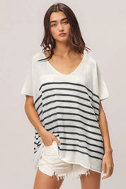 BiBi V Neck Striped Short Sleeve Top on Simply Obsessed