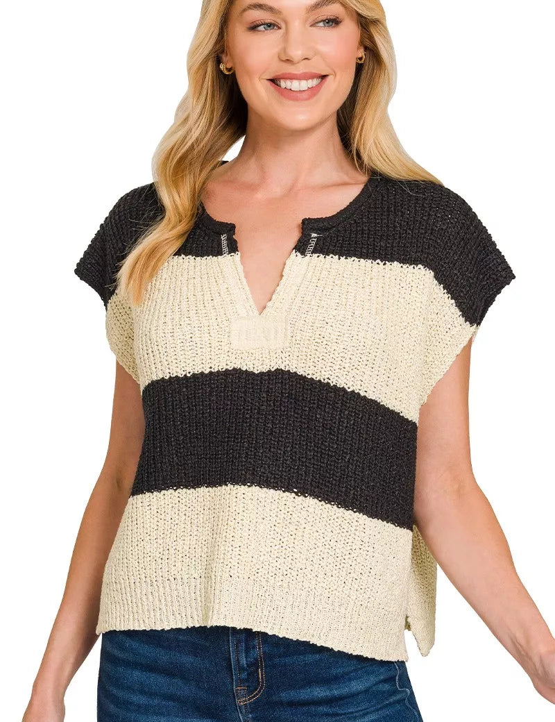 ZENANA Split Neck Sleeveless Stripe Sweater on Simply Obsessed
