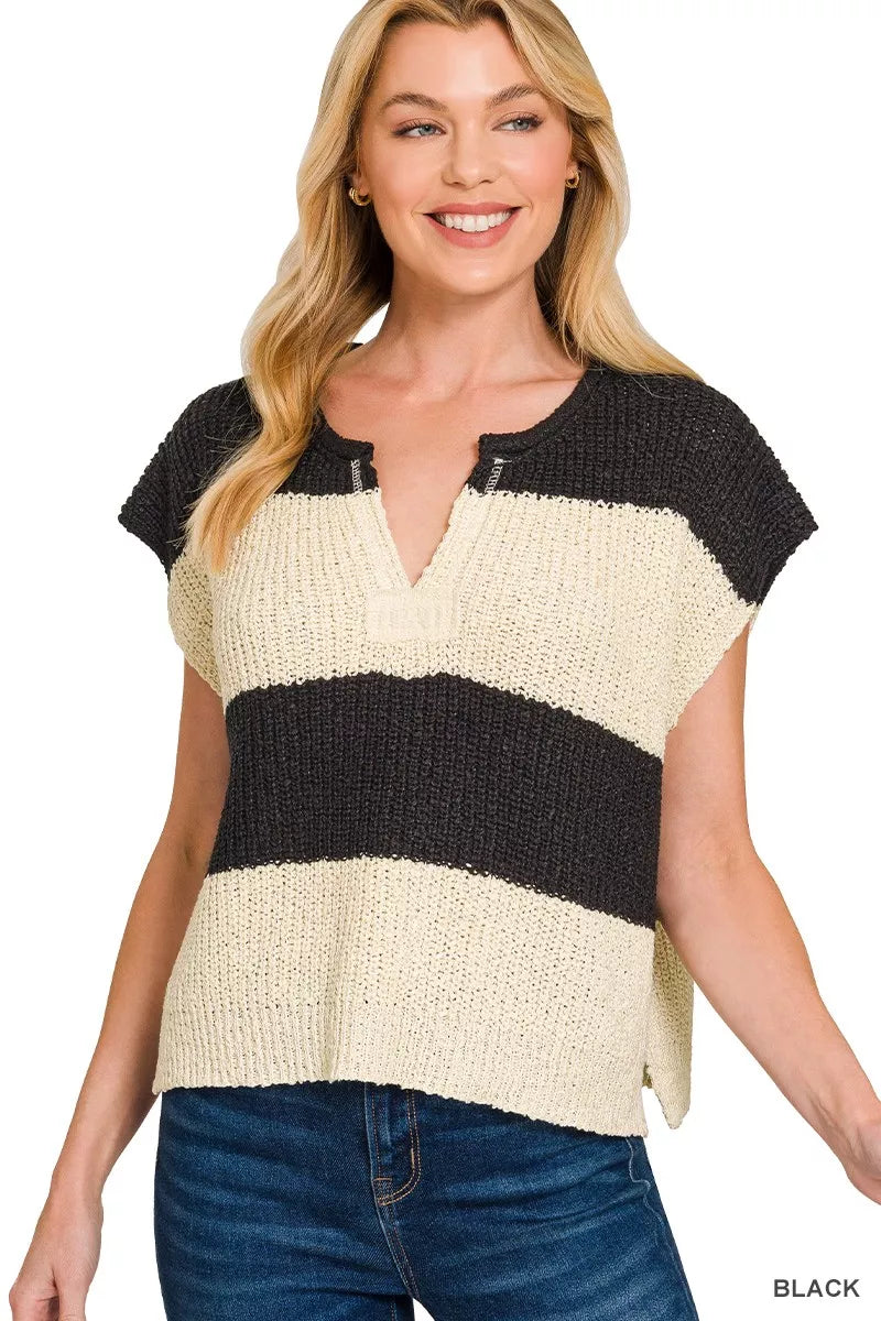 ZENANA Split Neck Sleeveless Stripe Sweater on Simply Obsessed