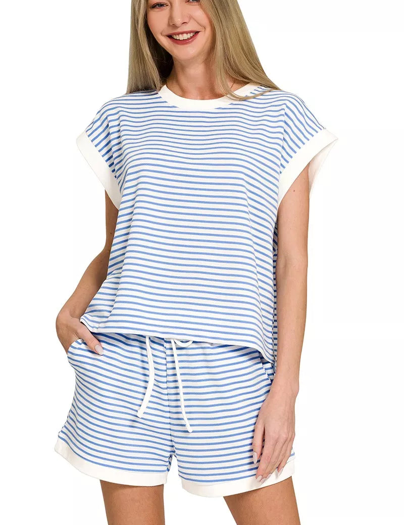ZENANA Stripe Contrast Trim Top & Shorts Set on Simply Obsessed