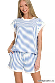 ZENANA Stripe Contrast Trim Top & Shorts Set on Simply Obsessed