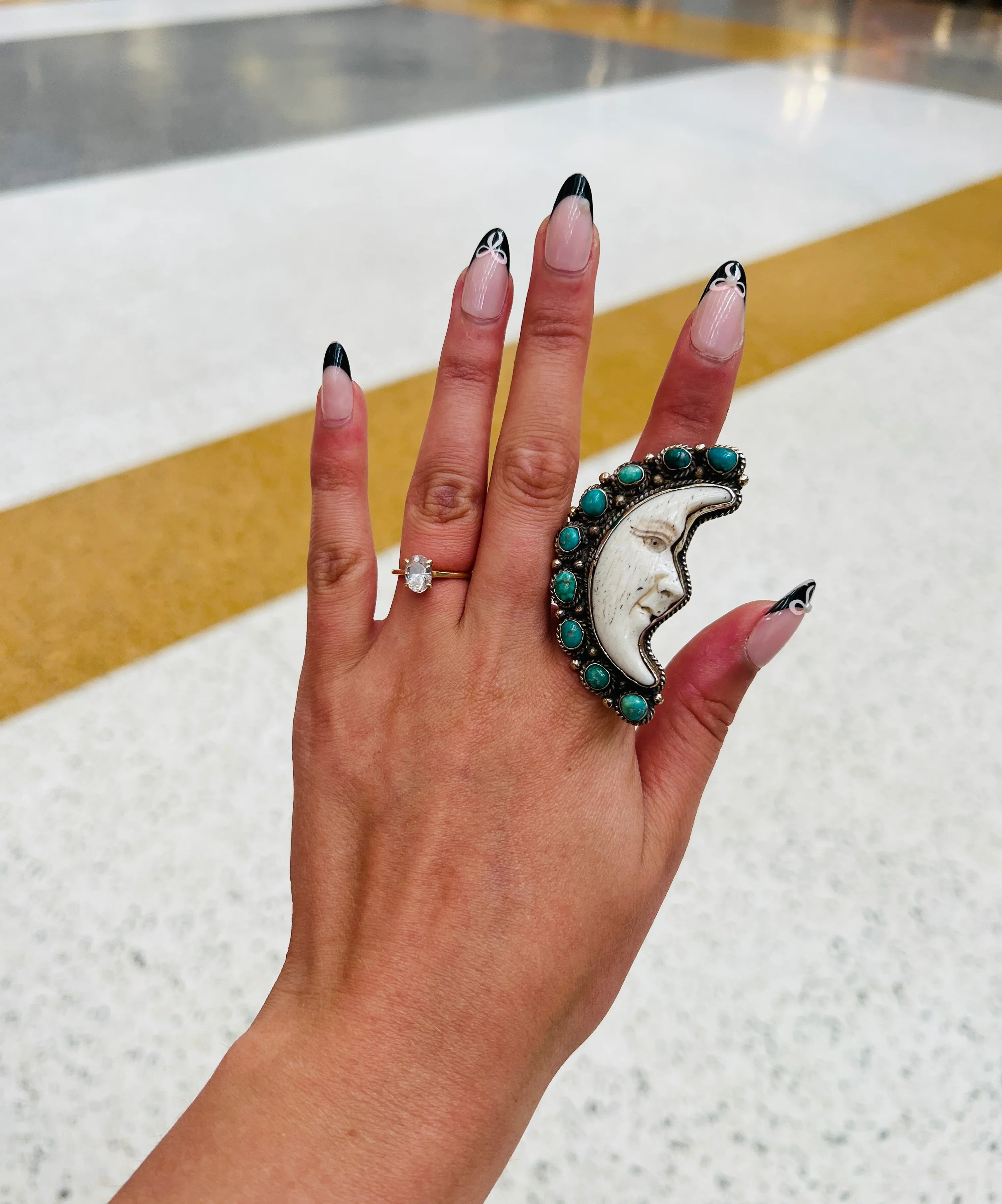 Carved Bone & Turquoise Moon Tibetan Silver Adjustable Ring on Simply Obsessed