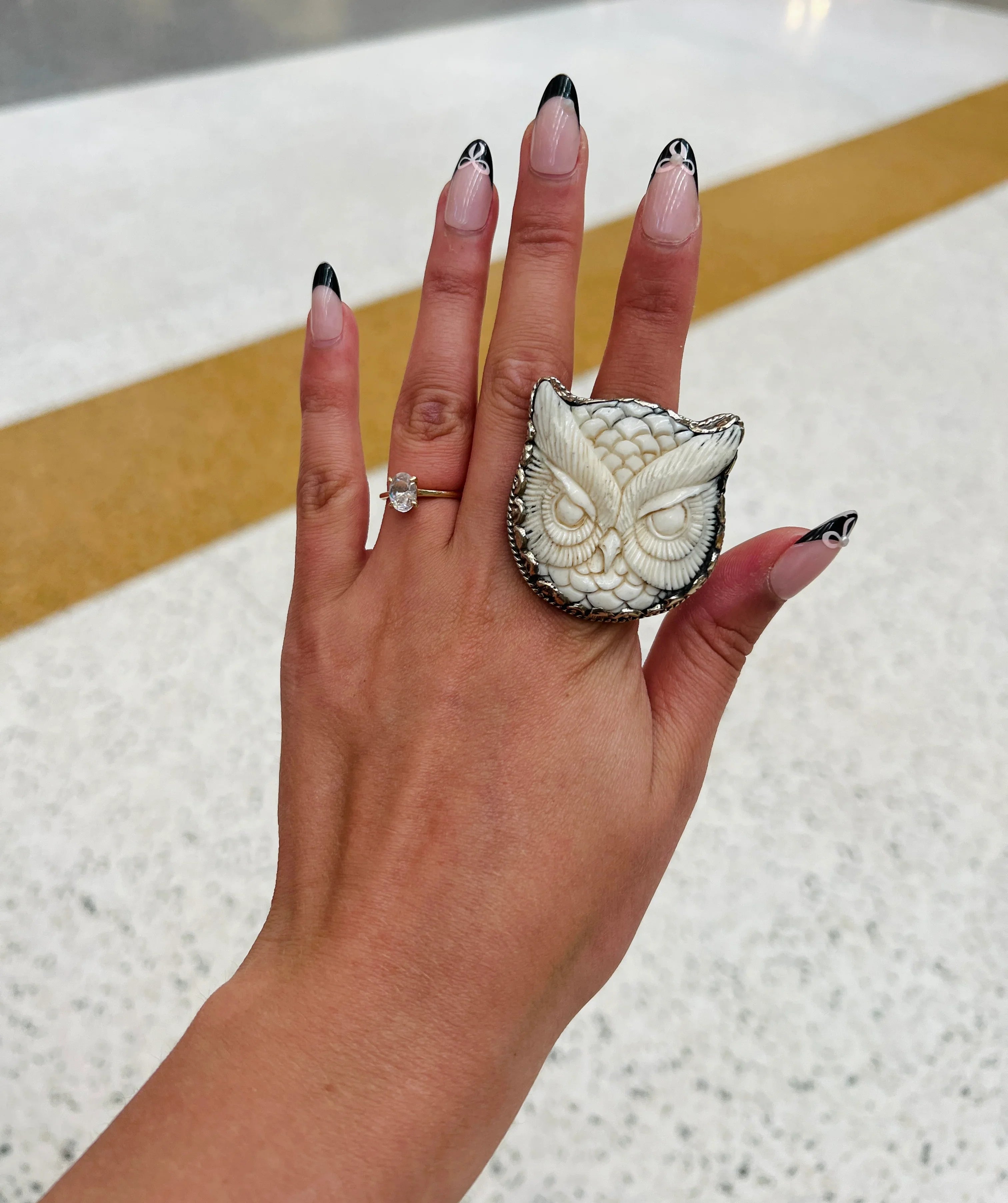 Carved Bone Owl Tibetan Silver Adjustable Ring on Simply Obsessed