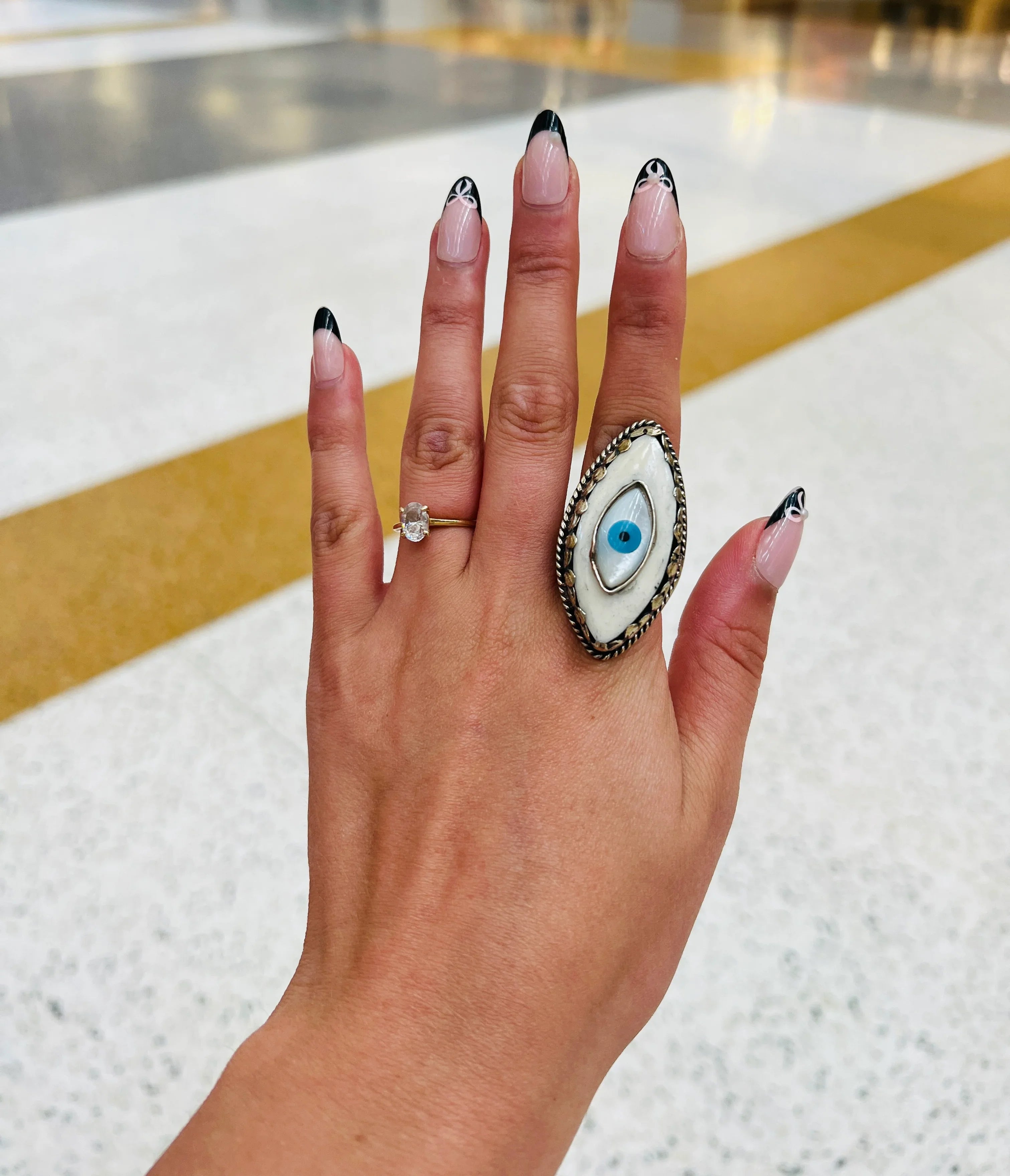 Carved Tusk Shell Evil Eye Tibetan Silver Adjustable Ring on Simply Obsessed