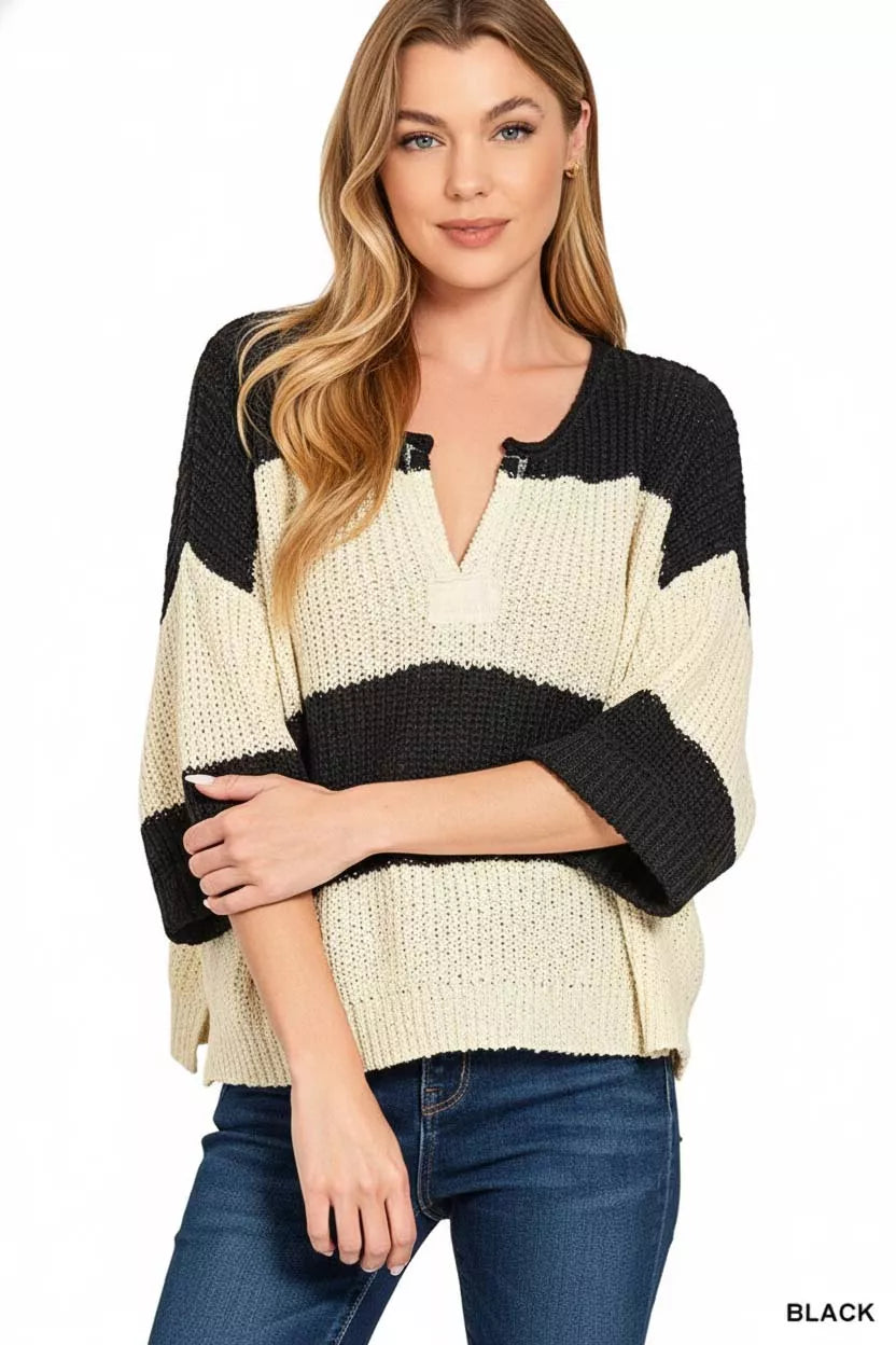 Zenana Split Neck Stripe Sweater on Simply Obsessed