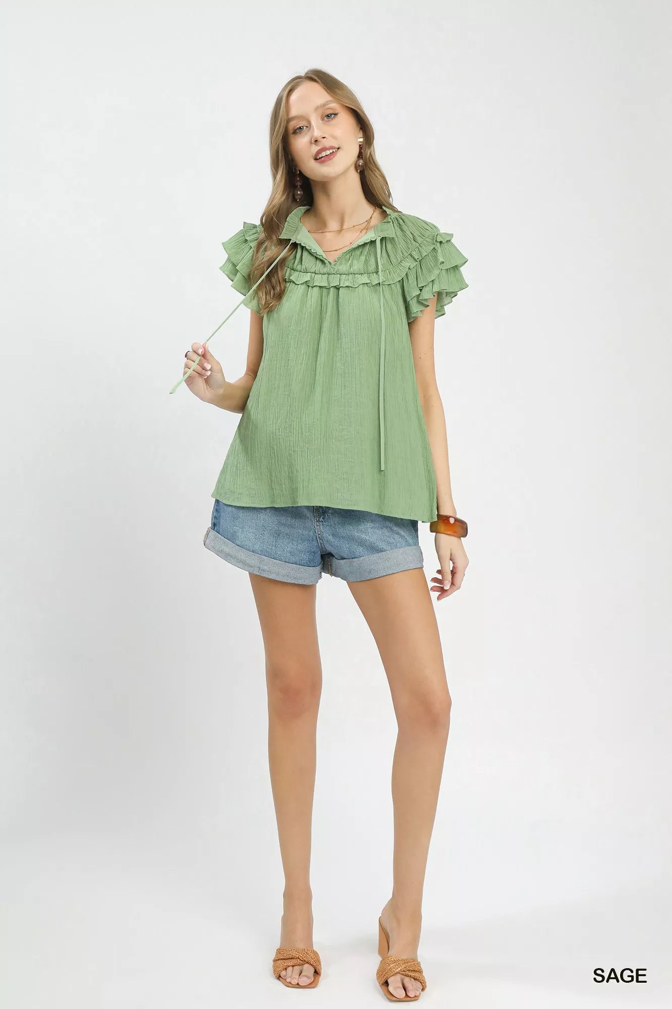 UMGEE Ruffled Flutter Sleeve Textured Blouse on Simply Obsessed