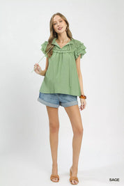 UMGEE Ruffled Flutter Sleeve Textured Blouse on Simply Obsessed