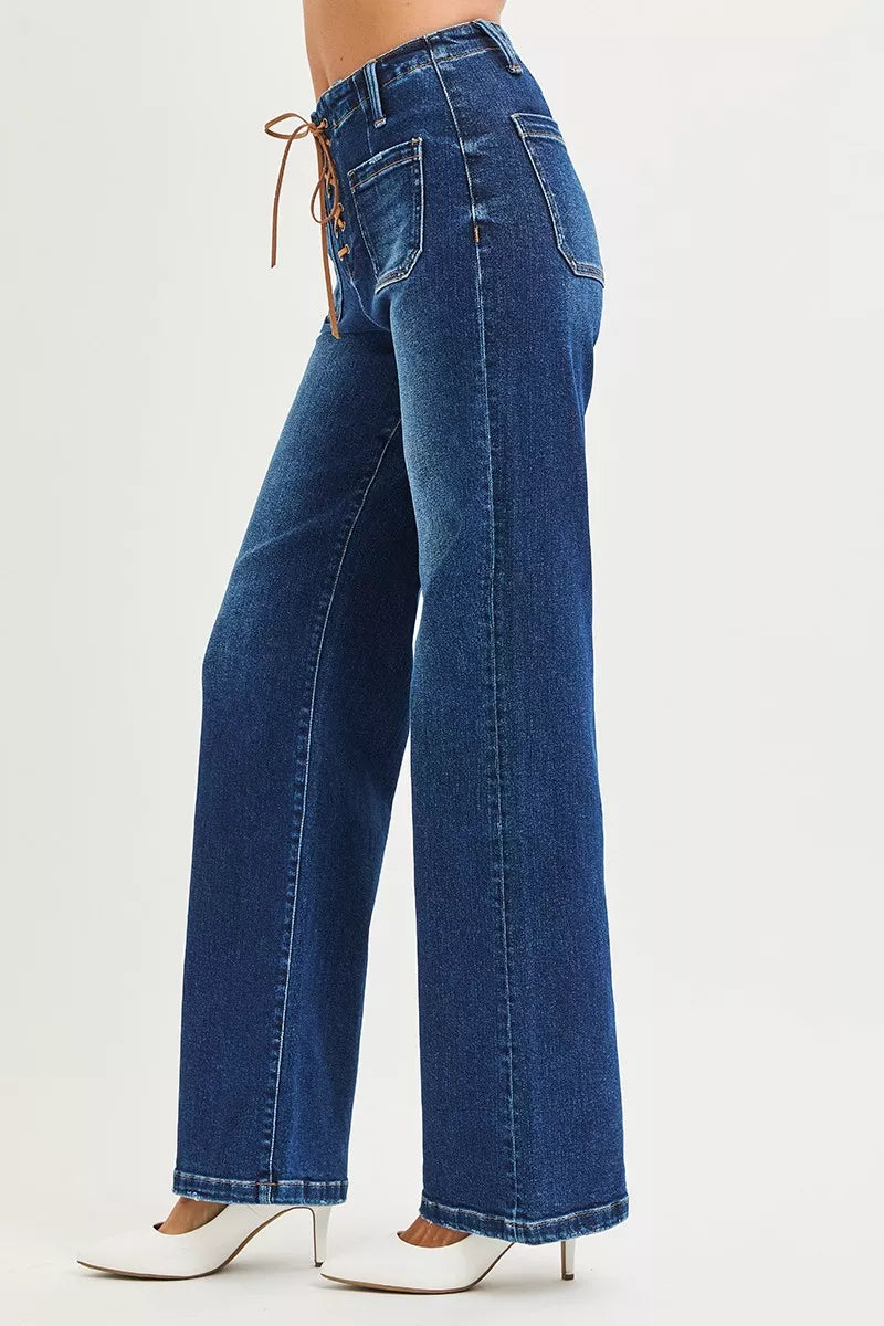 RISEN Full Size High Rise Wide Leg Jeans with Front Tie Detail Plus Size on Simply Obsessed