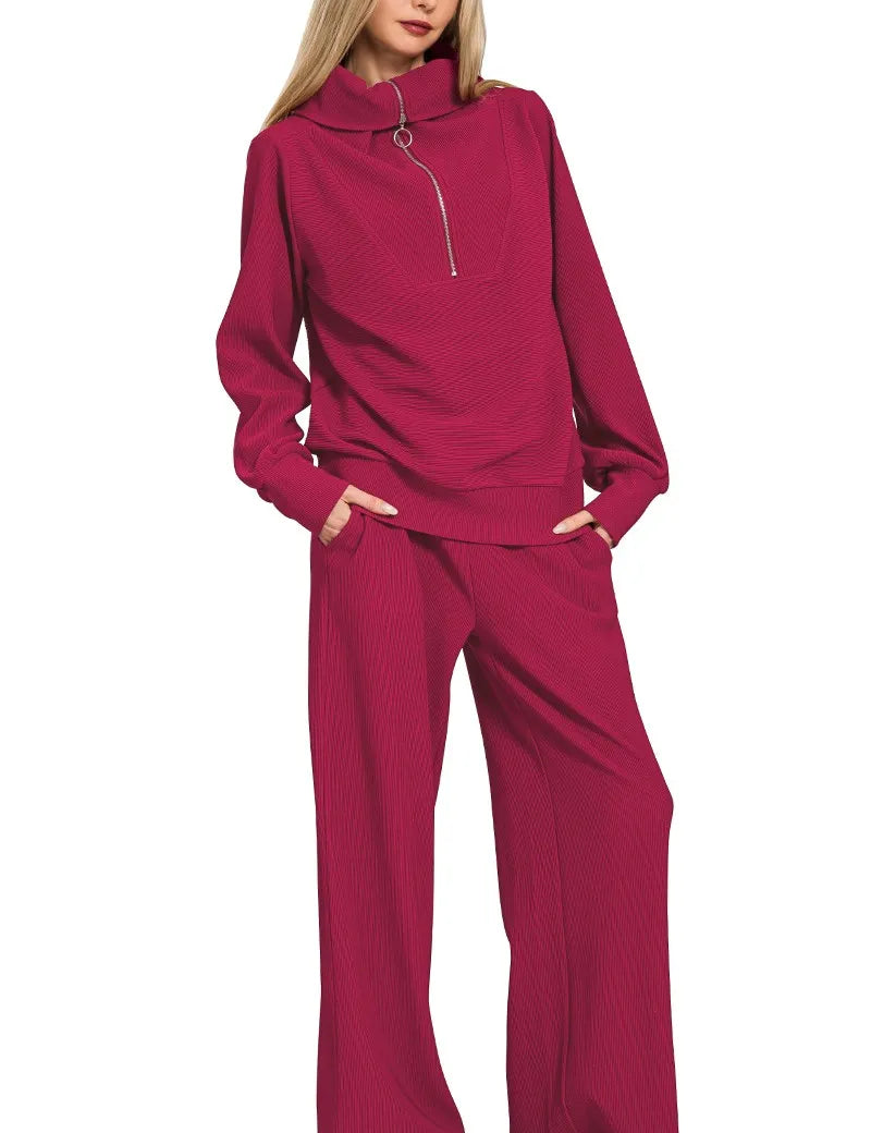 Zenana Ribbed High Neck Half Zip Pullover & Pants Set on Simply Obsessed