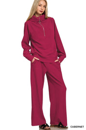 Zenana Ribbed High Neck Half Zip Pullover & Pants Set on Simply Obsessed