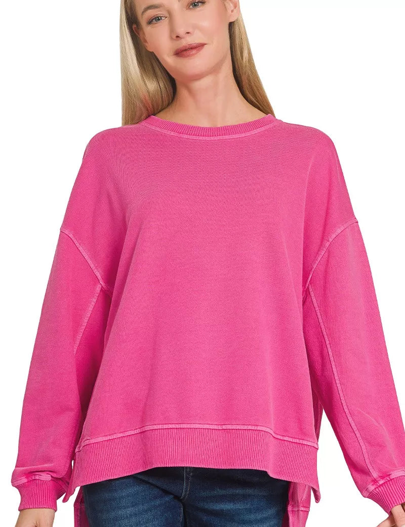 Zenana Full Size French Terry Pigment Dye & Enzyme Washing Pullover Plus Size on Simply Obsessed