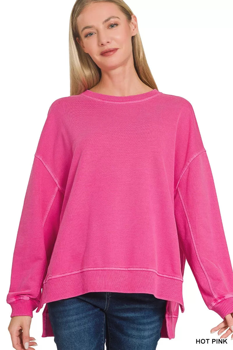 Zenana Full Size French Terry Pigment Dye & Enzyme Washing Pullover Plus Size on Simply Obsessed