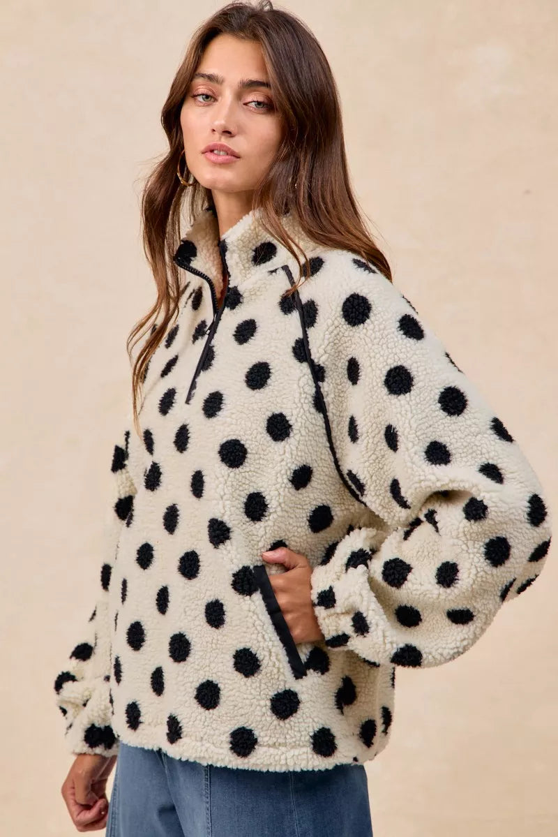 BIBI Polka Dot Sherpa Half Zip Up Top with Side Pocket on Simply Obsessed