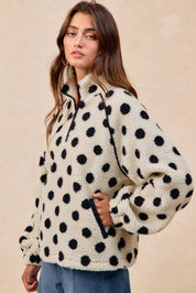 BIBI Polka Dot Sherpa Half Zip Up Top with Side Pocket on Simply Obsessed