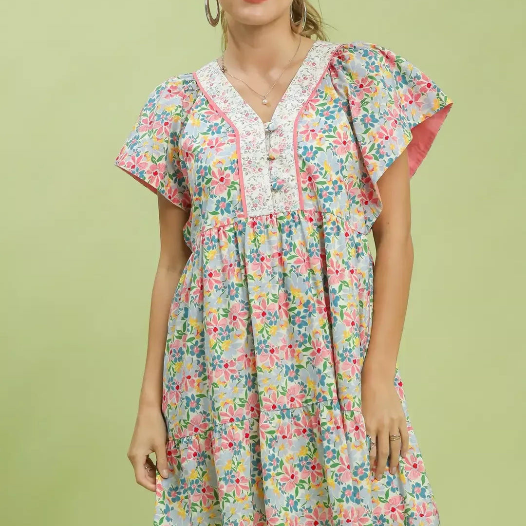 UMGEE Mix Floral Tiered Mini Dress with Side Pockets on Simply Obsessed