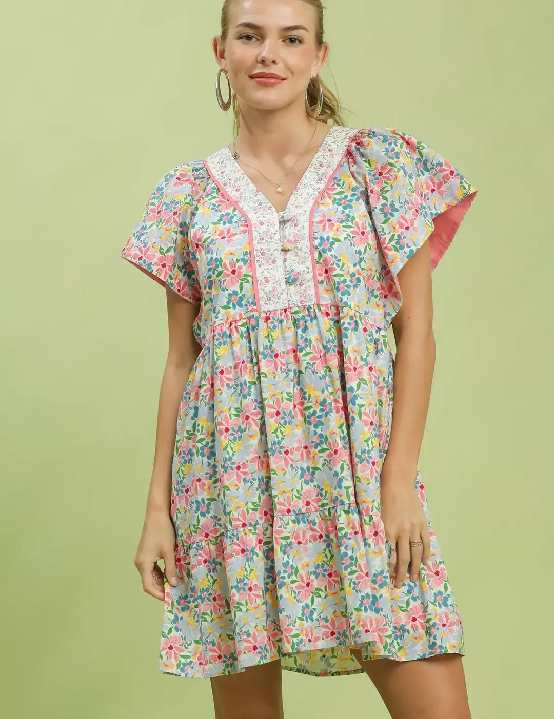 UMGEE Mix Floral Tiered Mini Dress with Side Pockets on Simply Obsessed