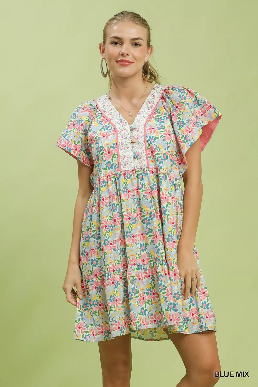 UMGEE Mix Floral Tiered Mini Dress with Side Pockets on Simply Obsessed