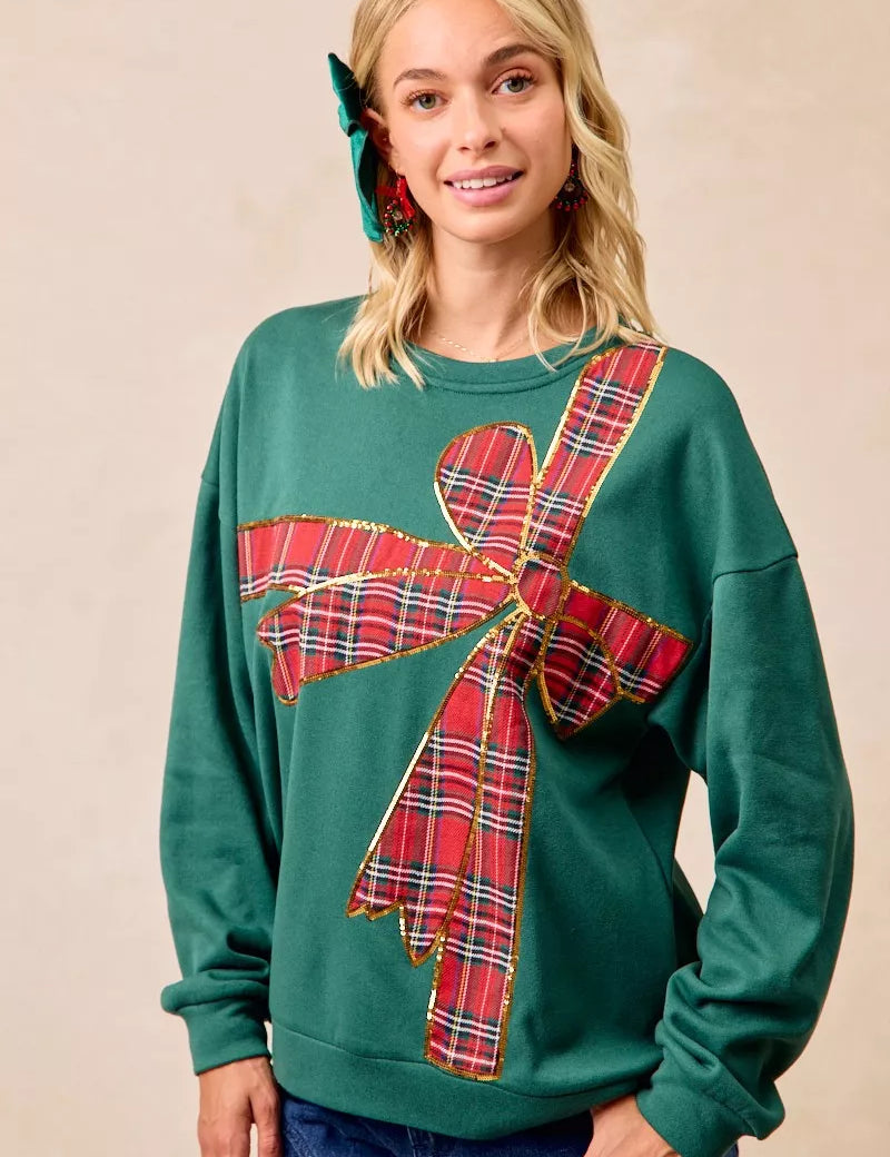 BIBI Plaid Ribbon Bow Detail Christmas Fleece Pullover on Simply Obsessed