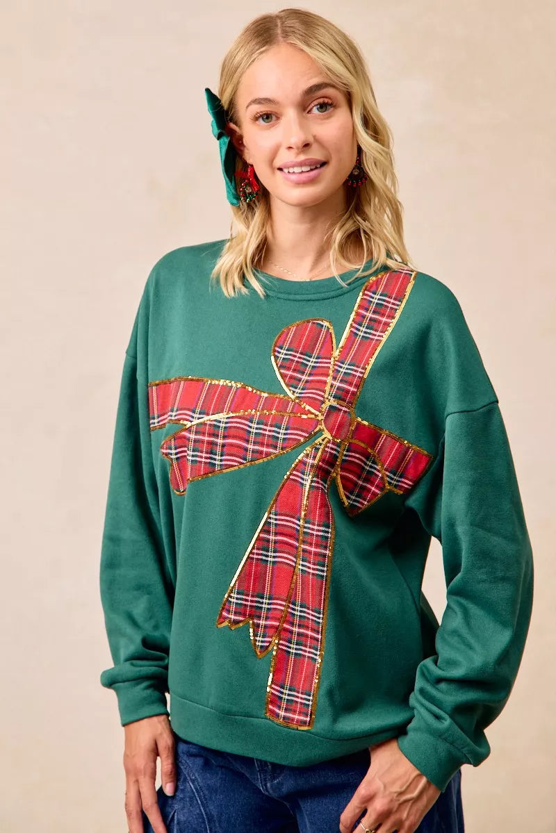 BIBI Plaid Ribbon Bow Detail Christmas Fleece Pullover on Simply Obsessed