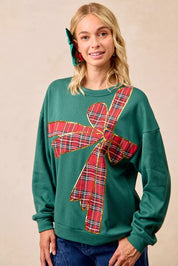 BIBI Plaid Ribbon Bow Detail Christmas Fleece Pullover on Simply Obsessed