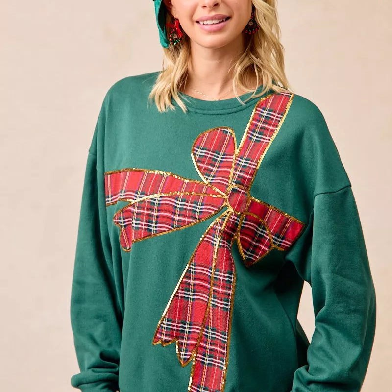 BIBI Plaid Ribbon Bow Detail Christmas Fleece Pullover on Simply Obsessed
