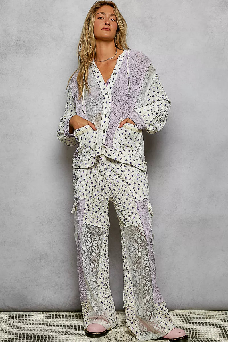 POL Floral Balloon Sleeve Hooded Lace Jacket with Stitch Detail on Simply Obsessed