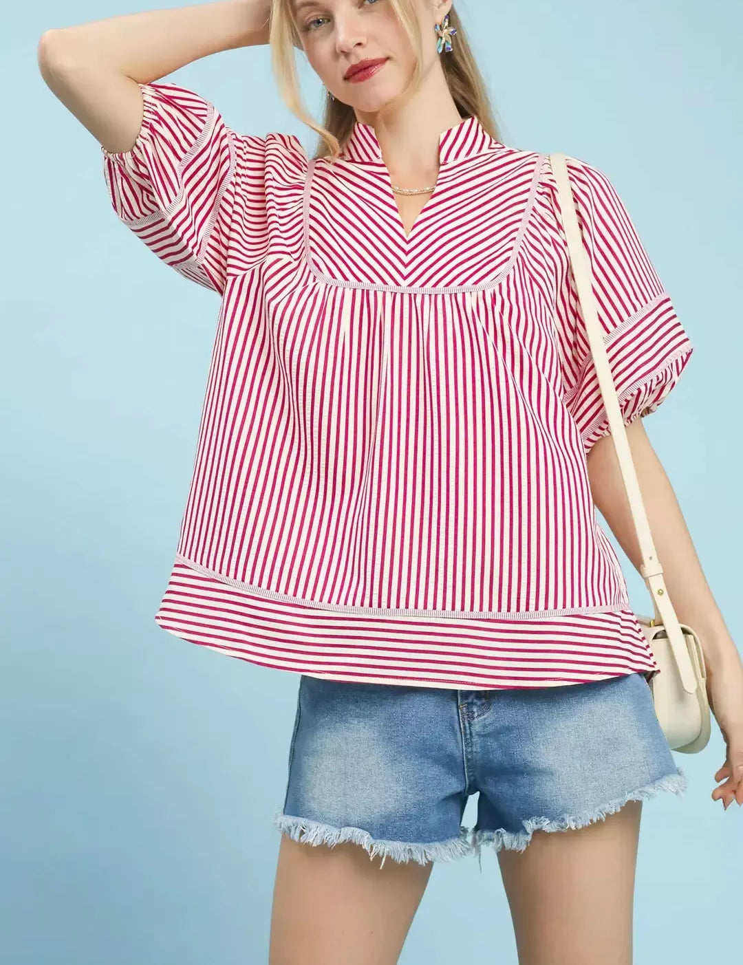 UMGEE Striped Puff Sleeve Babydoll Top on Simply Obsessed
