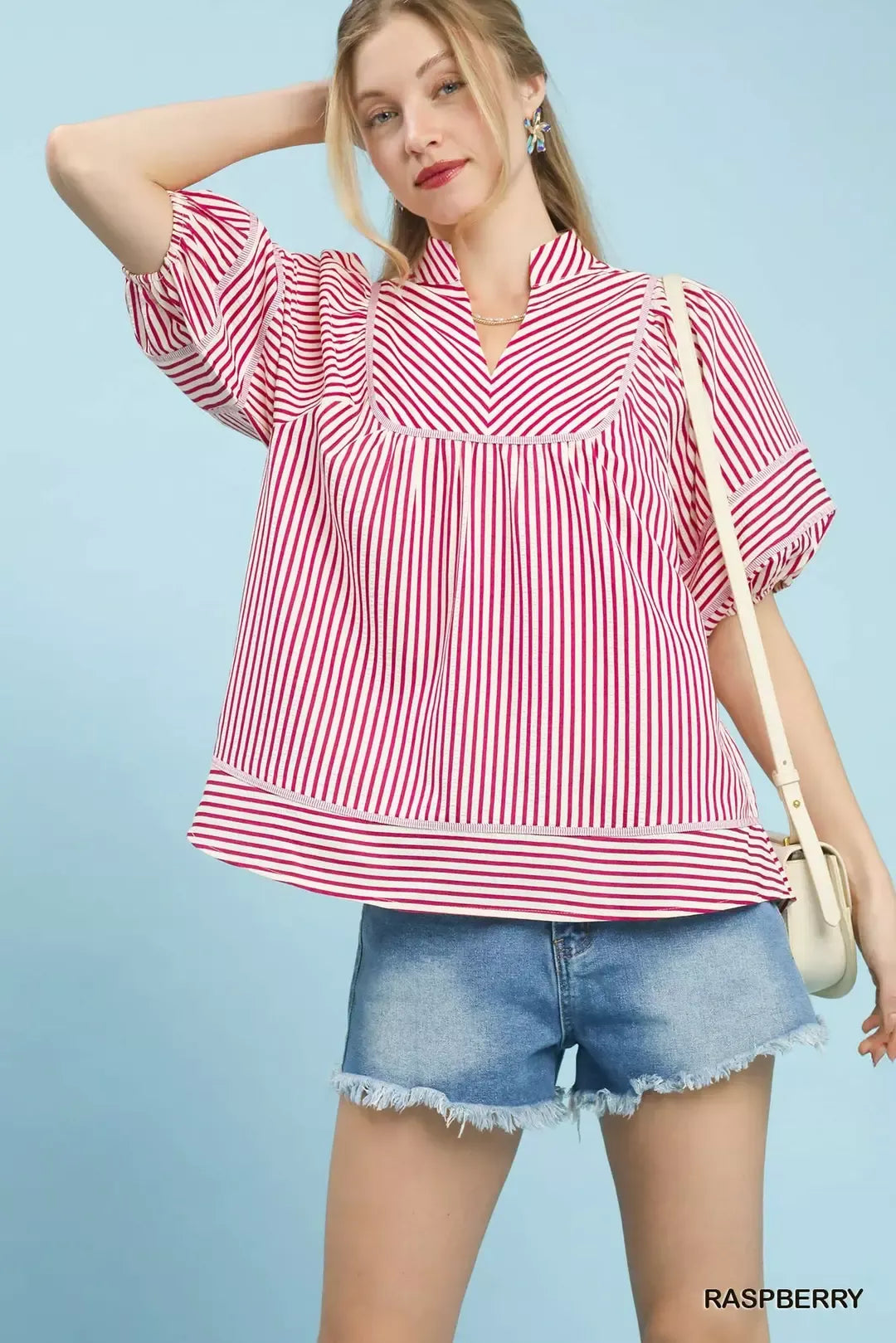 UMGEE Striped Puff Sleeve Babydoll Top on Simply Obsessed