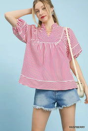UMGEE Striped Puff Sleeve Babydoll Top on Simply Obsessed