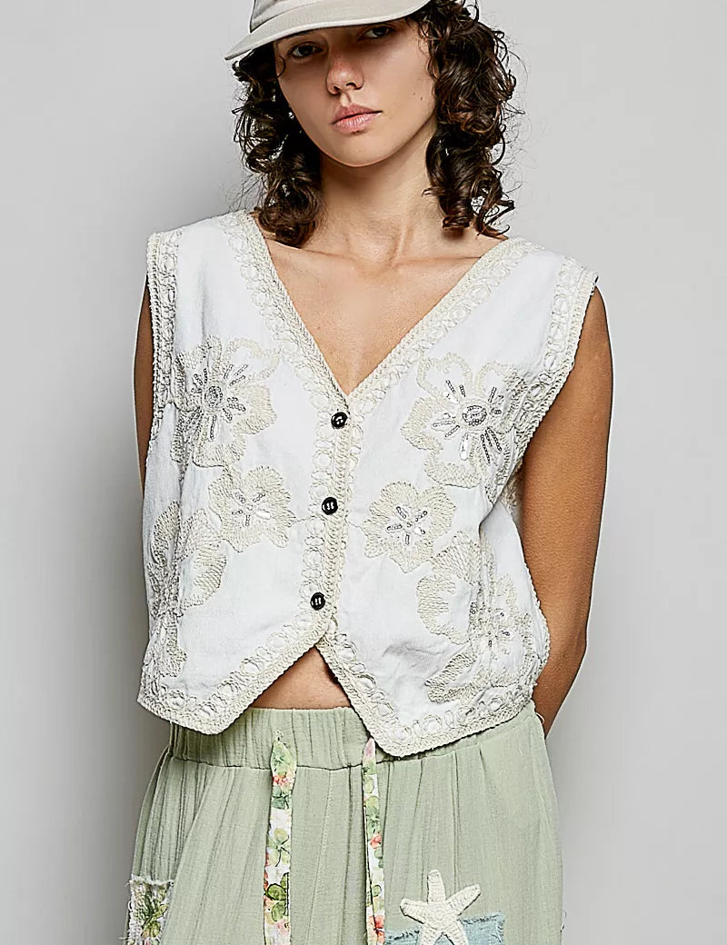 POL Embroidered Floral V-Neck Button Down Crochet Vest on Simply Obsessed