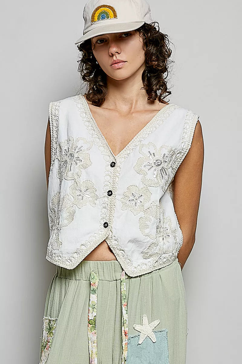 POL Embroidered Floral V-Neck Button Down Crochet Vest on Simply Obsessed