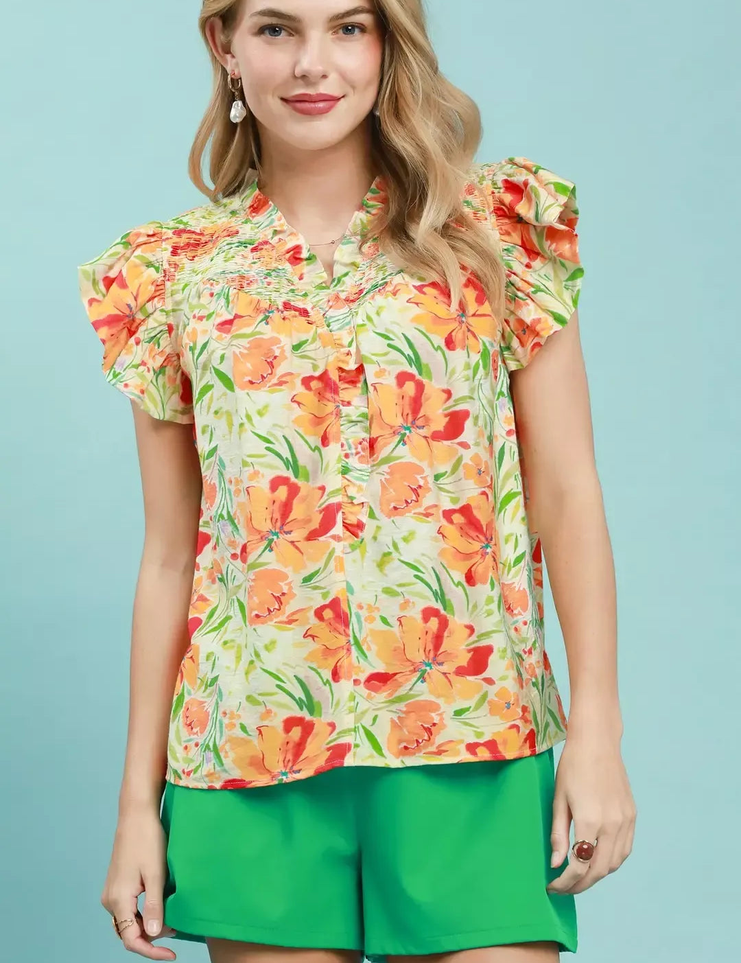 UMGEE Smocked Yoke Ruffle Sleeve Floral Blouse on Simply Obsessed