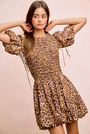 BIBI Leopard Bow Tie Attachable Puff Sleeves Dress on Simply Obsessed