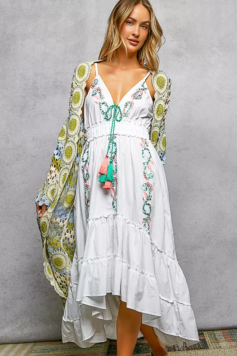 POL Scalloped Edge Open Front Crochet Cardigan with Colorful Stripe Pattern on Simply Obsessed