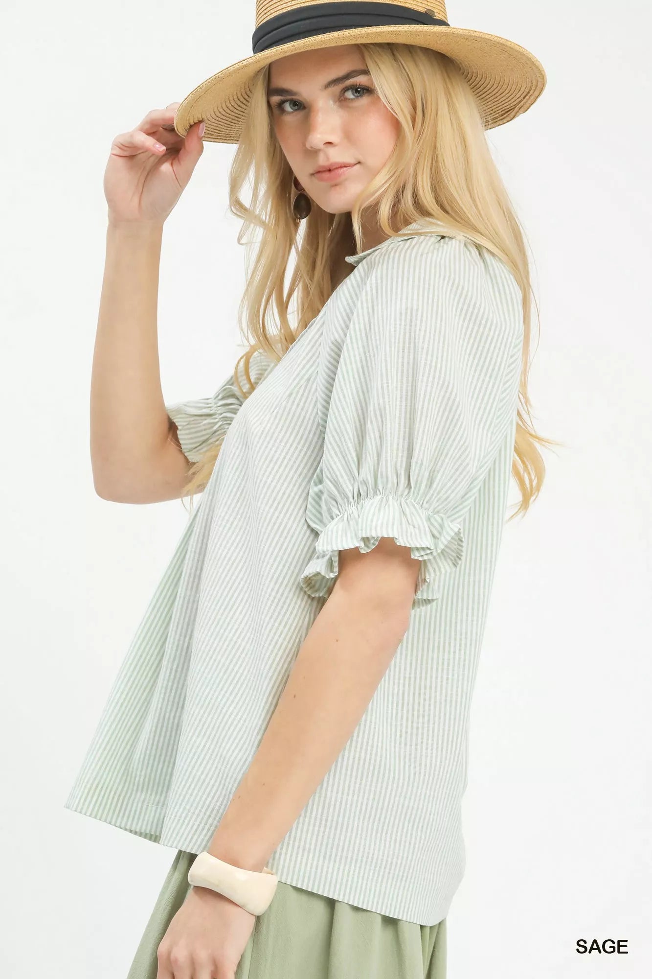 Umgee Pinstripe V-Neck Ruffle Sleeve Blouse on Simply Obsessed