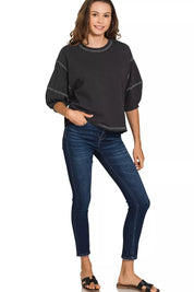 ZENANA Balloon Sleeve Top with Contrast Stitching on Simply Obsessed