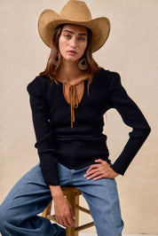 BiBi Ribbed Contrast Front Tied Top with Shrried on Simply Obsessed