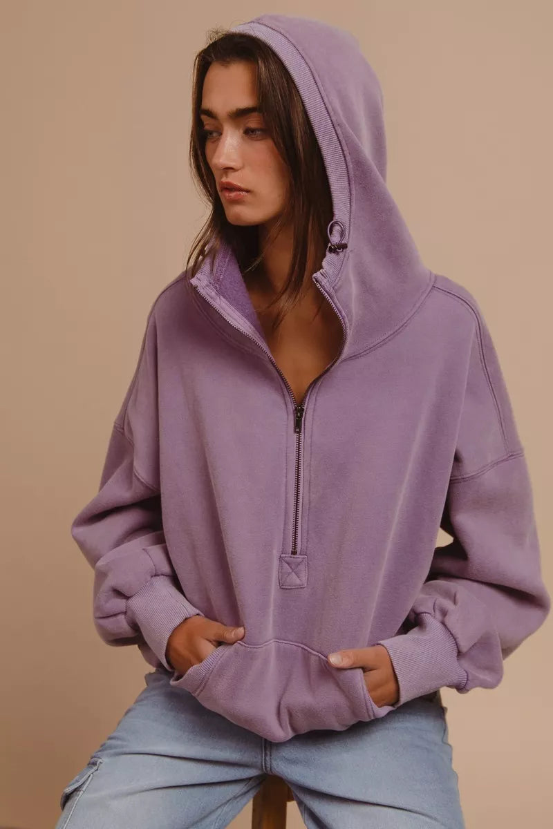 BIBI Stitch Detailed Elastic Hem Half Zip Fleece Hoodie on Simply Obsessed