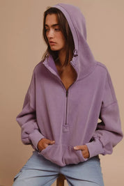 BIBI Stitch Detailed Elastic Hem Half Zip Fleece Hoodie on Simply Obsessed
