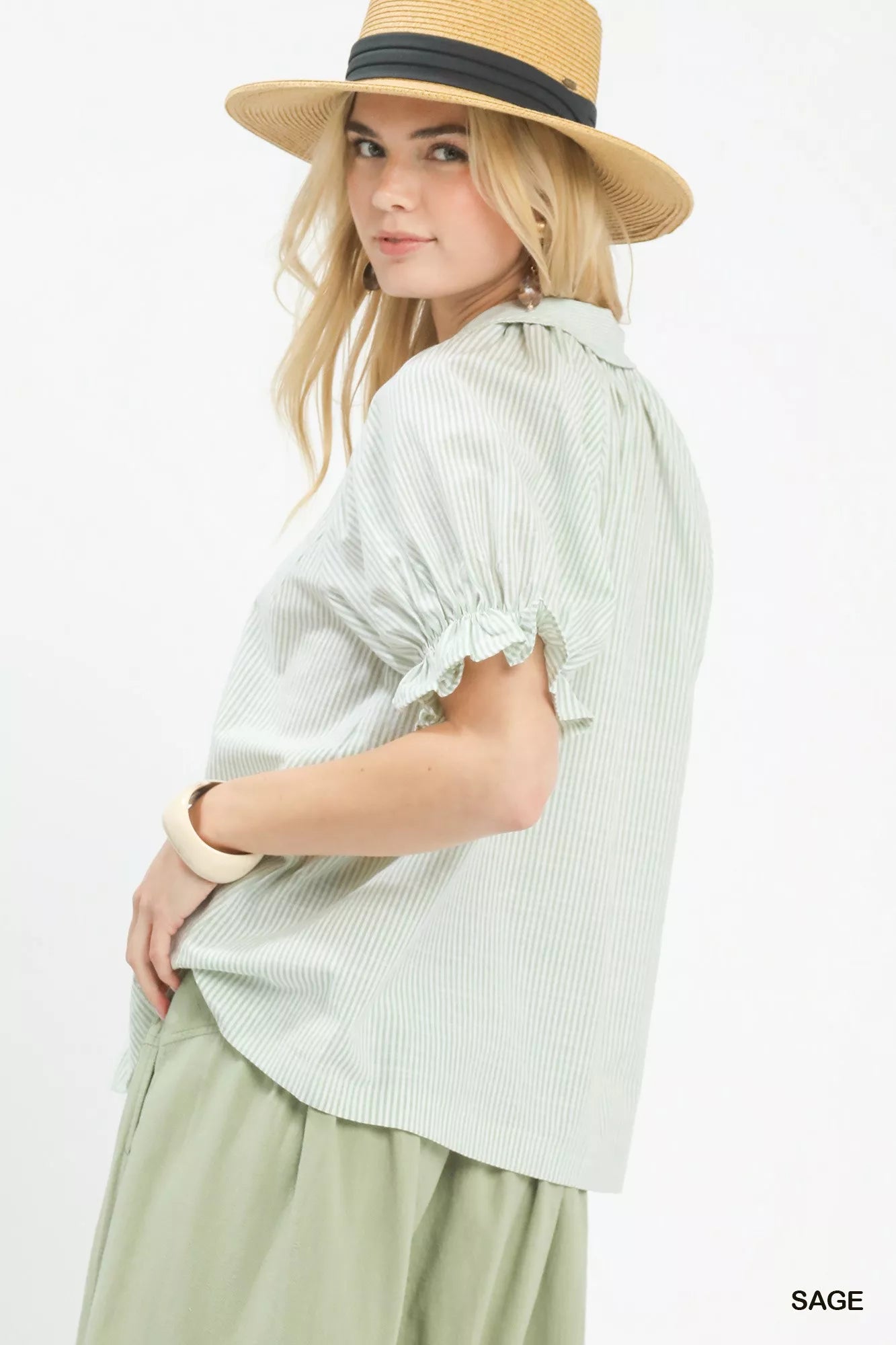 Umgee Pinstripe V-Neck Ruffle Sleeve Blouse on Simply Obsessed