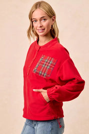 BIBI Christmas Theme Fleece Buttoned Top with Pockets on Simply Obsessed