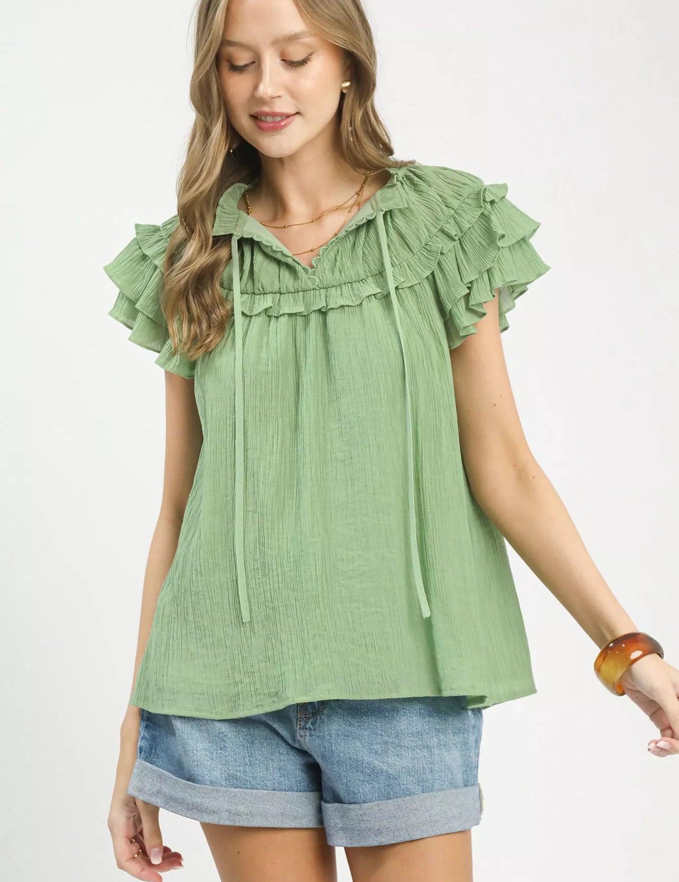 UMGEE Ruffled Flutter Sleeve Textured Blouse on Simply Obsessed