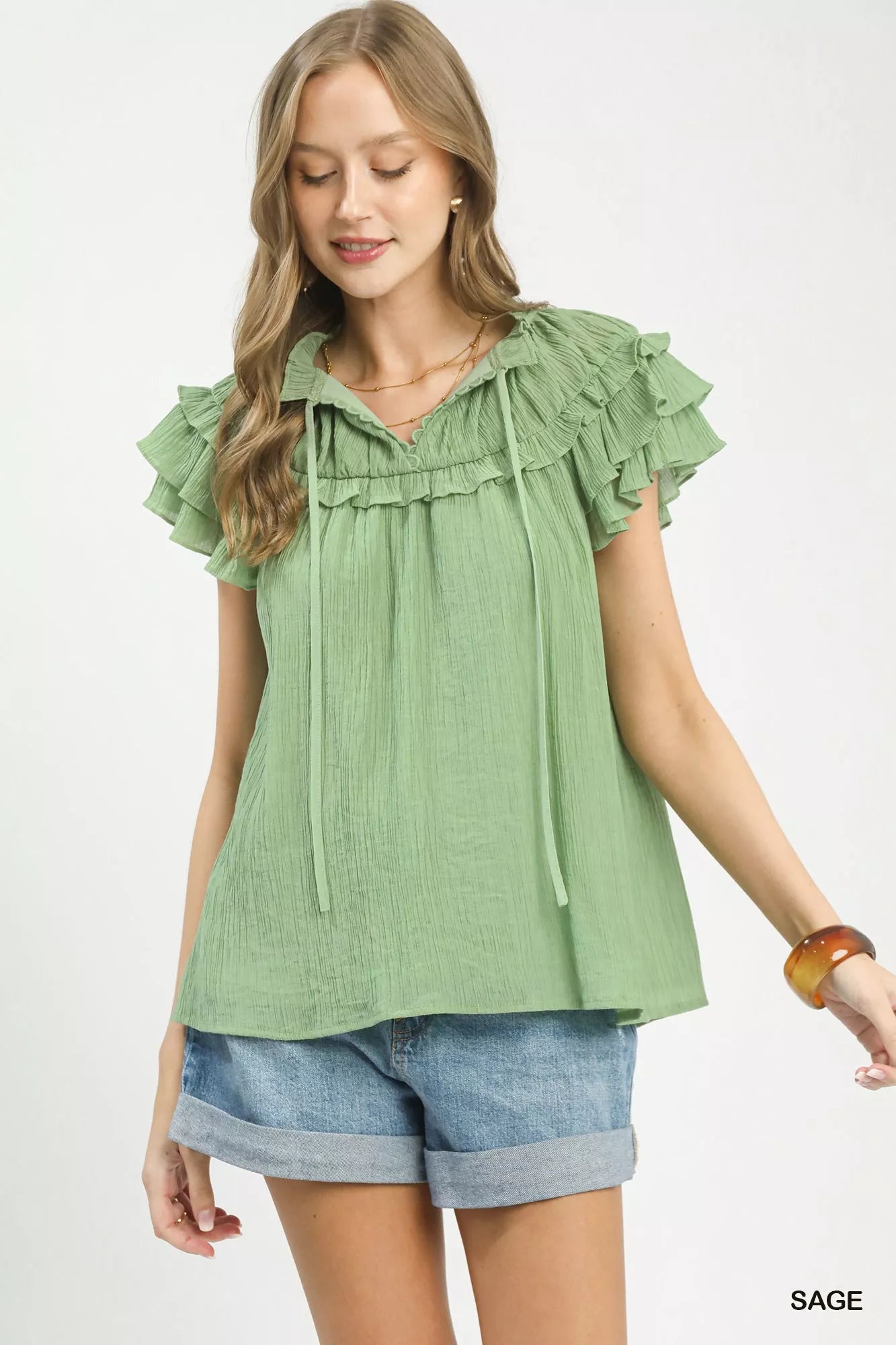 UMGEE Ruffled Flutter Sleeve Textured Blouse on Simply Obsessed