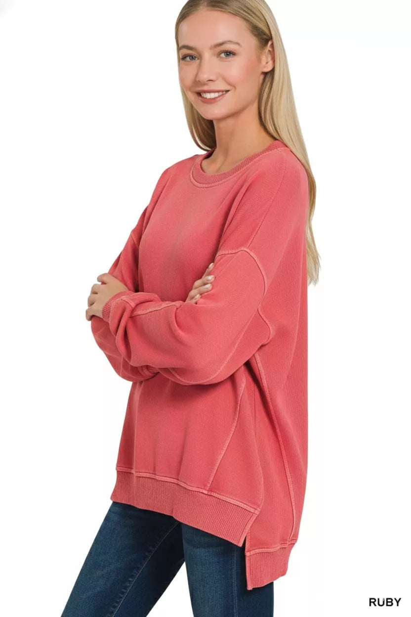 ZENANA Full Size French Terry Pigment Dye & Enzyme Washing Pullover Plus Size on Simply Obsessed